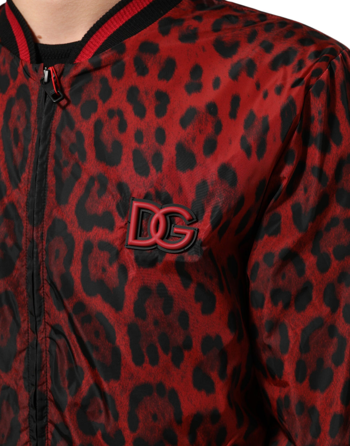 Dolce & Gabbana Men's Polyamide & Polyester Bomber Jacket - Red Leopard Print Print