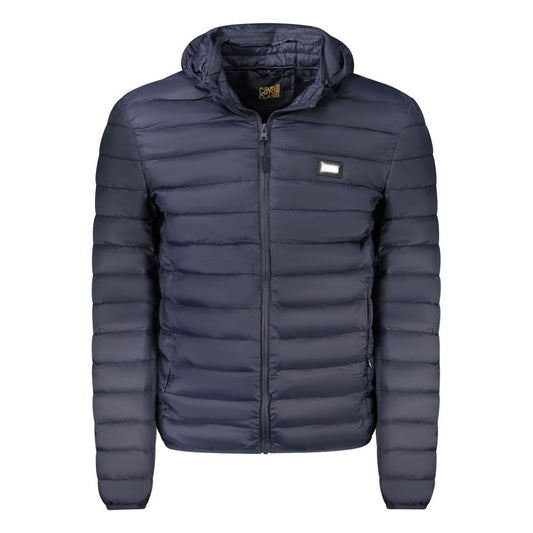 Hooded Puffer Jacket by Cavalli Class for men in polyester blue features an contemporary silhouette, showcasing a sophisticated hooded neckline and contemporary pockets, hooded, insulated & windproof for a truly refined look.