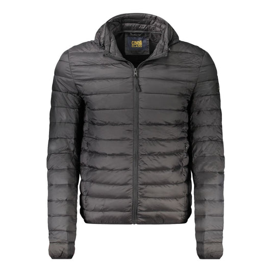 Hooded Windbreaker Jacket by Cavalli Class for men in polyester black showcases a urban chic silhouette, detailed with a urban chic hooded neckline and functional pockets, hooded & windproof for a polished finish.