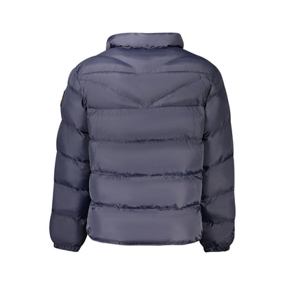 Overcoat by Napapijri for men in polyamide blue & signature features an voluminous silhouette, showcasing distinct pockets and a voluminous for a truly voluminous aesthetic.