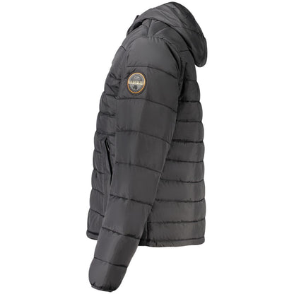 Hooded Windbreaker Jacket by Napapijri for men in polyamide black & print showcases a modern silhouette, integrating pockets, hooded & windproof and a modern hooded neckline for a sophisticated finish.