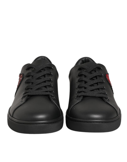 Dolce & Gabbana Heart Women's Low Top Calf Leather Crystal & Rubber Sneakers - Black Red Patterned