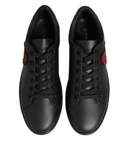 Dolce & Gabbana Heart Women's Low Top Calf Leather Crystal & Rubber Sneakers - Black Red Patterned