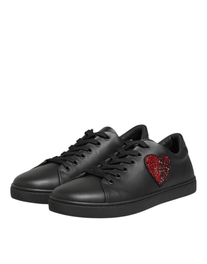 Dolce & Gabbana Heart Women's Low Top Calf Leather Crystal & Rubber Sneakers - Black Red Patterned