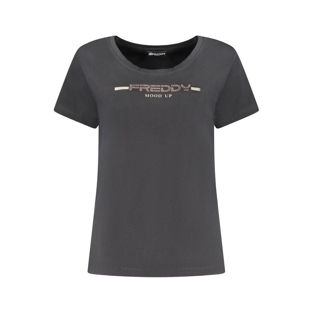 T-Shirt by Freddy for women in cotton & rhinestone black & print features a plush silhouette, showcasing a sophisticated wide-neck neckline and for a truly plush finish.