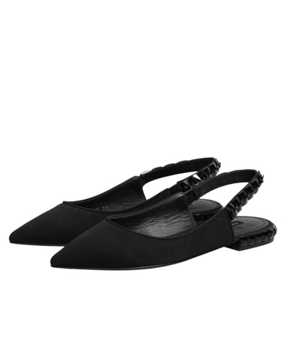 Dolce & Gabbana Black Crystal Charmeuse Slingback Shoes