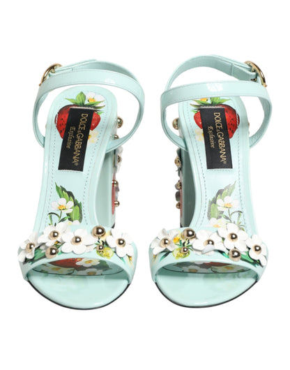 Dolce & Gabbana Women's Goat & Calf Leather Ankle Strap Sandals - Gold Mint Green Floral Signature