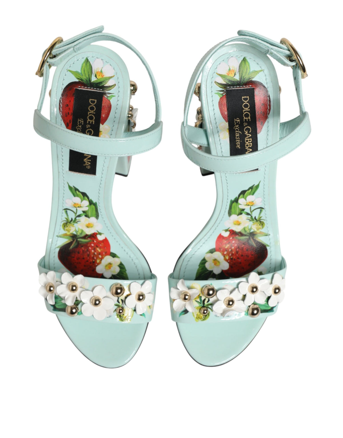Dolce & Gabbana Women's Goat & Calf Leather Ankle Strap Sandals - Gold Mint Green Floral Signature