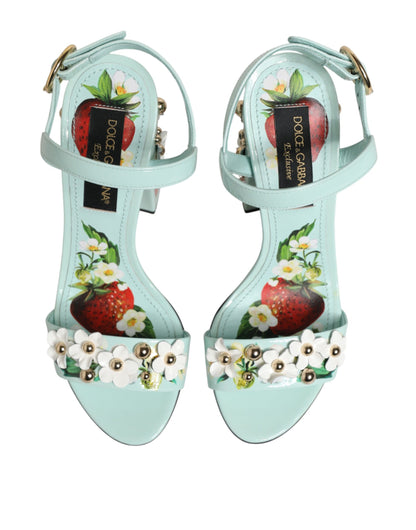 Dolce & Gabbana Women's Goat & Calf Leather Ankle Strap Sandals - Gold Mint Green Floral Signature