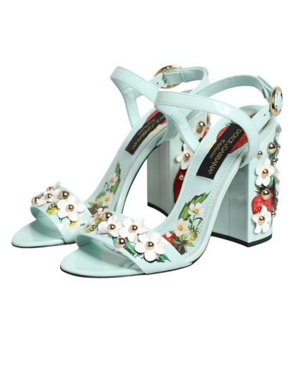 Dolce & Gabbana Women's Goat & Calf Leather Ankle Strap Sandals - Gold Mint Green Floral Signature