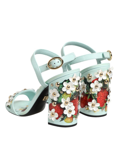 Dolce & Gabbana Women's Goat & Calf Leather Ankle Strap Sandals - Gold Mint Green Floral Signature