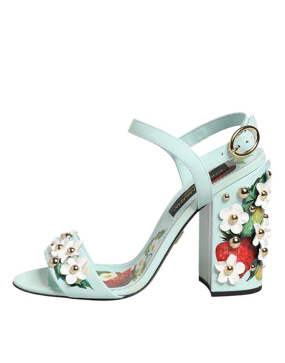 Dolce & Gabbana Women's Goat & Calf Leather Ankle Strap Sandals - Gold Mint Green Floral Signature
