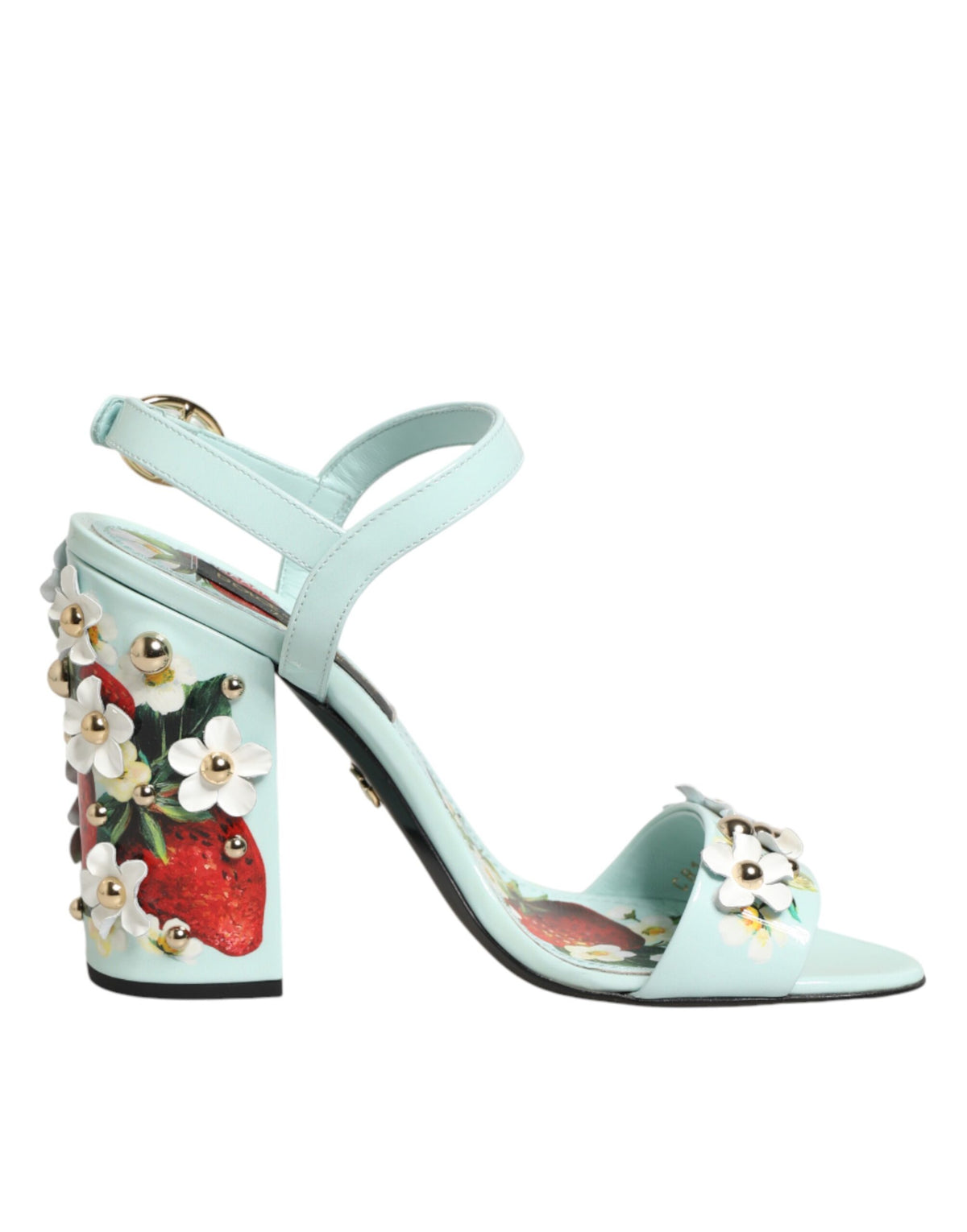 Dolce & Gabbana Women's Goat & Calf Leather Ankle Strap Sandals - Gold Mint Green Floral Signature