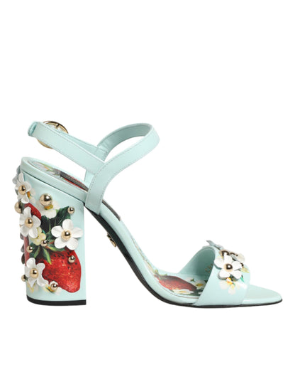 Dolce & Gabbana Women's Goat & Calf Leather Ankle Strap Sandals - Gold Mint Green Floral Signature