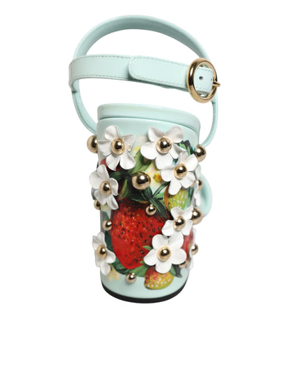 Dolce & Gabbana Women's Goat & Calf Leather Ankle Strap Sandals - Gold Mint Green Floral Signature