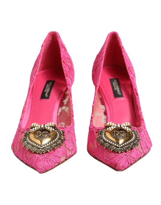 Mid-Heel Stiletto Pumps Heels by Dolce & Gabbana for women in cotton silk viscose & goat leather pink, floral & signature features a effortlessly chic Devotion Heart Women's Cotton Silk Viscose & Goat Leather Mid-Heel Stiletto Pumps Heels design with a sophisticated stiletto mid-heel and elegant pointed toe style.