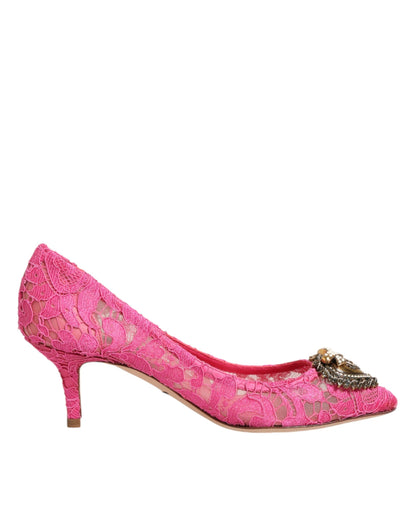Mid-Heel Stiletto Pumps Heels by Dolce & Gabbana for women in cotton silk viscose & goat leather pink, floral & signature features an effortlessly chic silhouette from the Devotion Heart Women's Cotton Silk Viscose & Goat Leather Mid-Heel Stiletto Pumps Heels collection, showcasing a stiletto mid-heel and effortlessly chic pointed toe style for a effortlessly chic look.