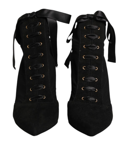Dolce & Gabbana Women's Viscose & Goat Leather High-Heel Stiletto Lace-Up Ankle Short Boots - Black