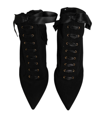 Dolce & Gabbana Women's Viscose & Goat Leather High-Heel Stiletto Lace-Up Ankle Short Boots - Black