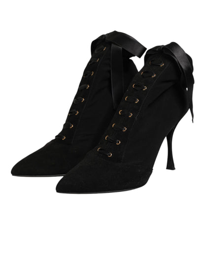 Dolce & Gabbana Women's Viscose & Goat Leather High-Heel Stiletto Lace-Up Ankle Short Boots - Black
