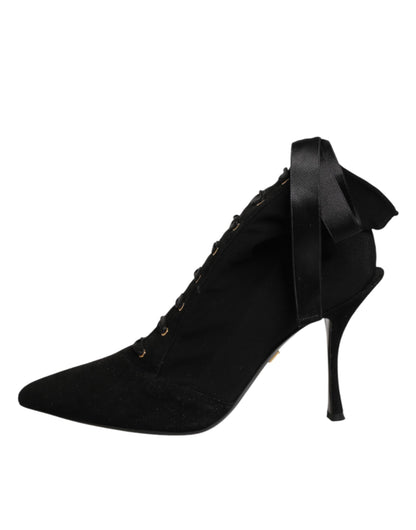 Dolce & Gabbana Women's Viscose & Goat Leather High-Heel Stiletto Lace-Up Ankle Short Boots - Black