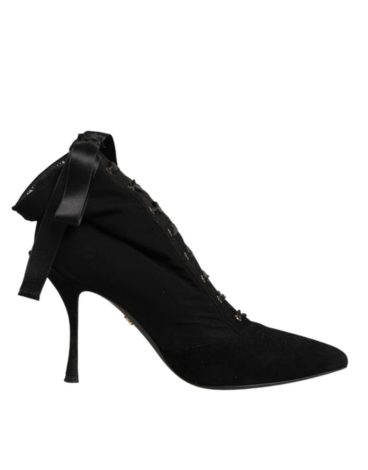 Dolce & Gabbana Women's Viscose & Goat Leather High-Heel Stiletto Lace-Up Ankle Short Boots - Black