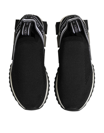 Dolce & Gabbana Women's Low Top Slip On Calf Leather Polyamide Polyester & Cotton Athletic Sneakers - Black Silver Signature