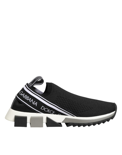 Dolce & Gabbana Women's Low Top Slip On Calf Leather Polyamide Polyester & Cotton Athletic Sneakers - Black Silver Signature
