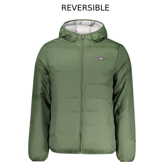Hooded Overcoat by Norway 1963 for men in polyester green features an voluminous silhouette, showcasing distinct pockets & hooded and a voluminous hooded neckline for a truly voluminous aesthetic.