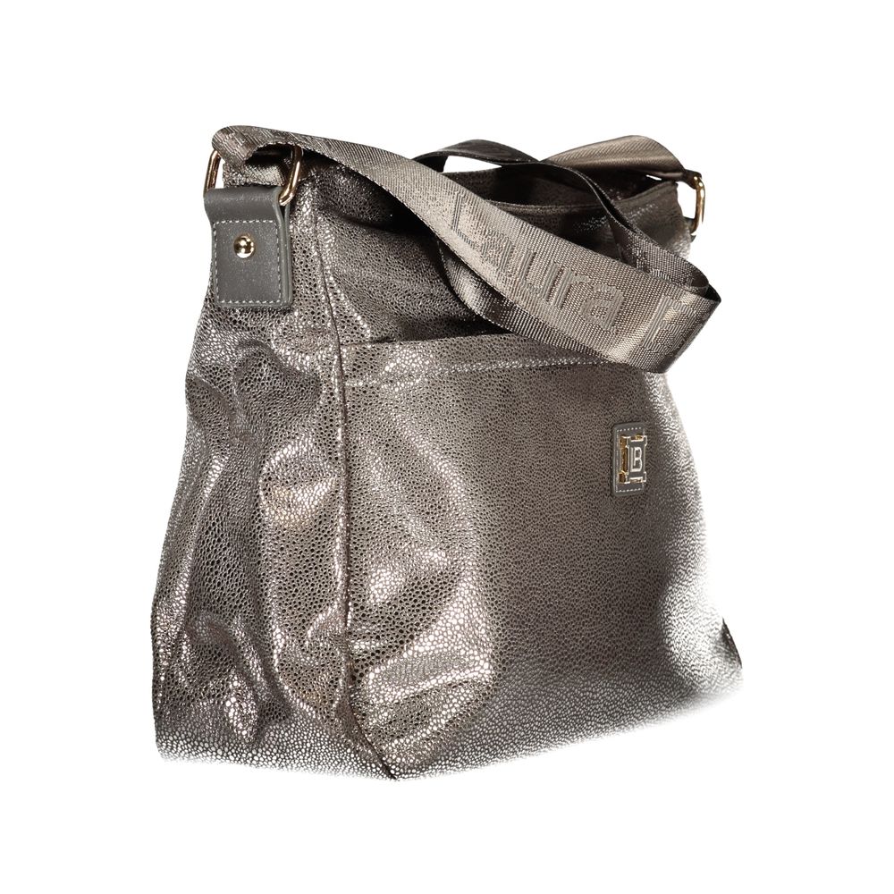 Handbag by Laura Biagiotti for women in polyester viscose modal & nickel gray features a signature silhouette, showcasing a secure zipper and signature external-pockets & internal-pockets with versatile shoulder-strap & adjustable-strap for a sophisticated look.