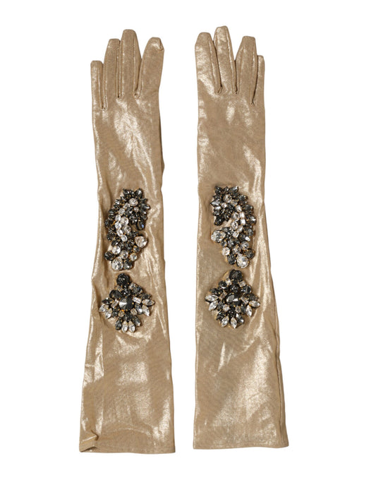 Dolce & Gabbana Stretch Polyamide & Crystal Mittens Elbow Length Gloves - Beige Signature