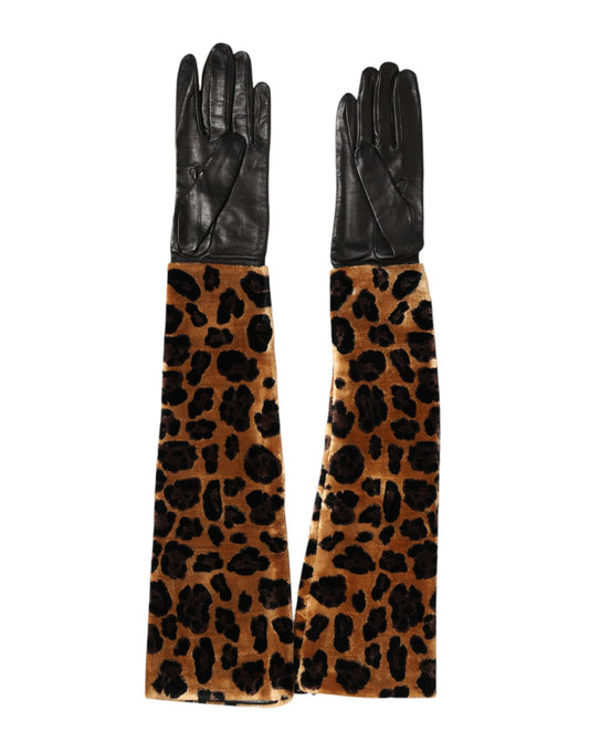 Dolce & Gabbana Leather Silk & Viscose Mittens Elbow Length Gloves - Black Brown Leopard Print Signature Print