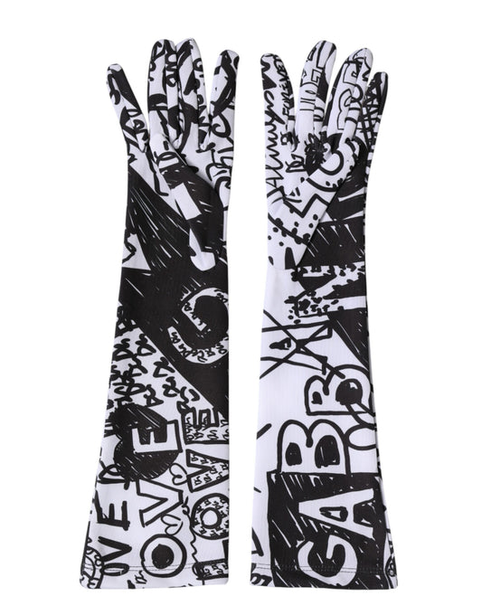 Dolce & Gabbana Stretch Polyester Mittens Elbow Length Gloves - Black White Signature