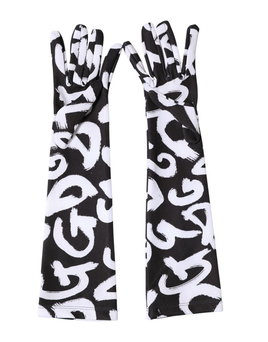 Dolce & Gabbana Stretch Polyester Mittens Elbow Length Gloves - Black White Signature