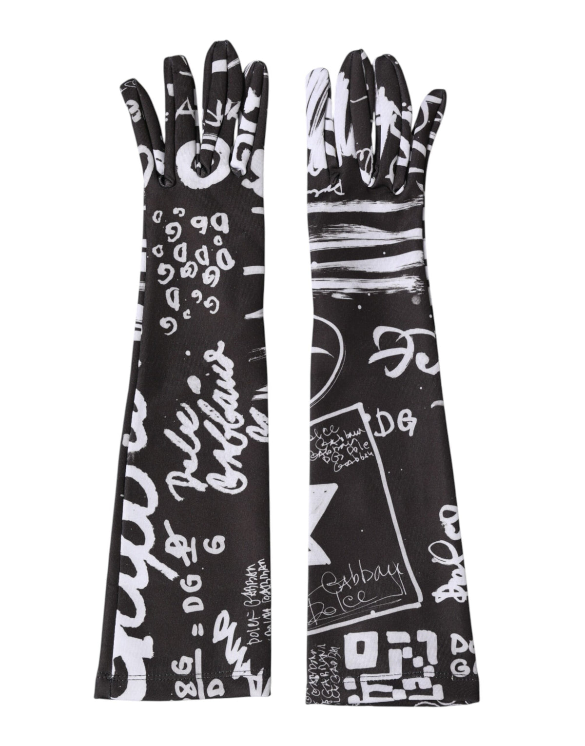 Dolce & Gabbana Stretch Polyester Mittens Elbow Length Gloves - Black White Signature