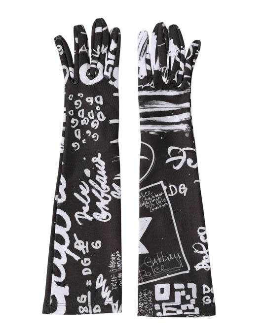 Dolce & Gabbana Stretch Polyester Mittens Elbow Length Gloves - Black White Signature