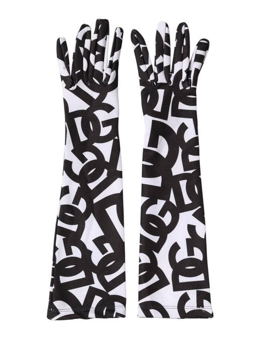 Dolce & Gabbana Stretch Polyester Mittens Elbow Length Gloves - Black White Signature