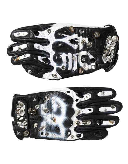 Dolce & Gabbana Polyester & Crystal Mittens Wrist Length Gloves - Black White Signature