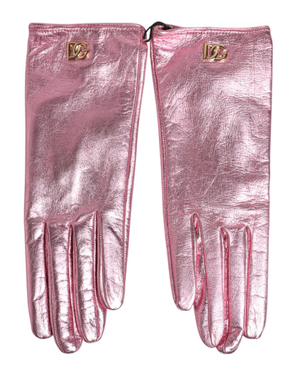 Dolce & Gabbana Polyurethane Leather & Silk Mittens Wrist Length Gloves - Pink