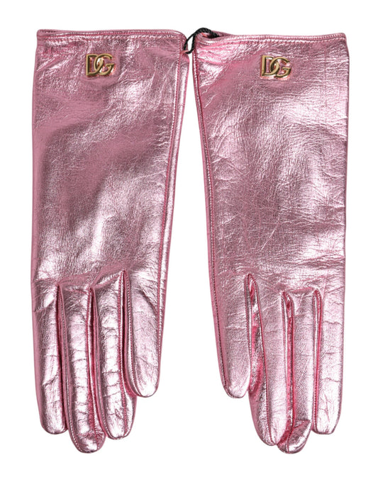 Dolce & Gabbana Polyurethane Leather & Silk Mittens Wrist Length Gloves - Pink
