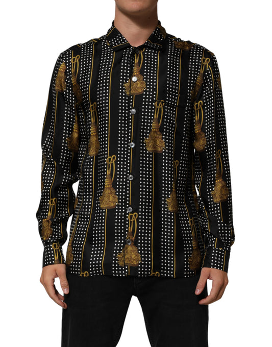 Dolce & Gabbana Men's Regular Fit Long-Sleeve Silk Dress Shirt - Black Patterned Signature