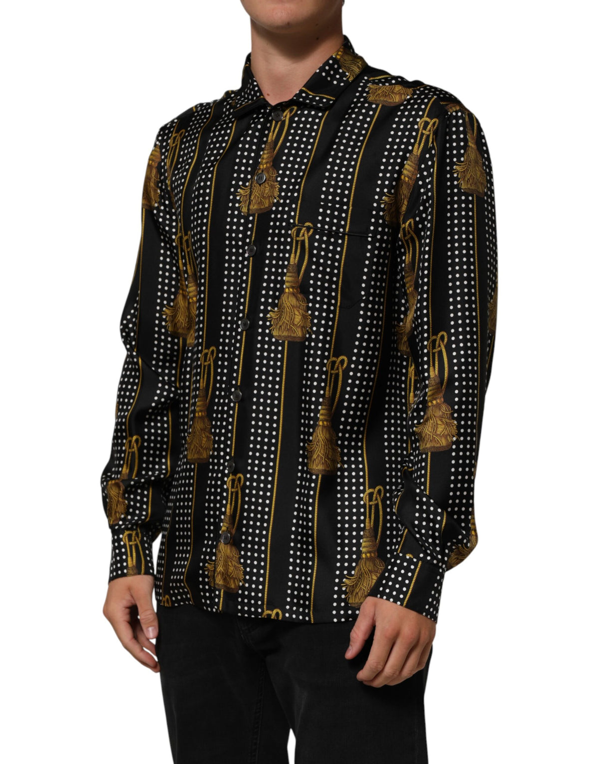 Dolce & Gabbana Men's Regular Fit Long-Sleeve Silk Dress Shirt - Black Patterned Signature