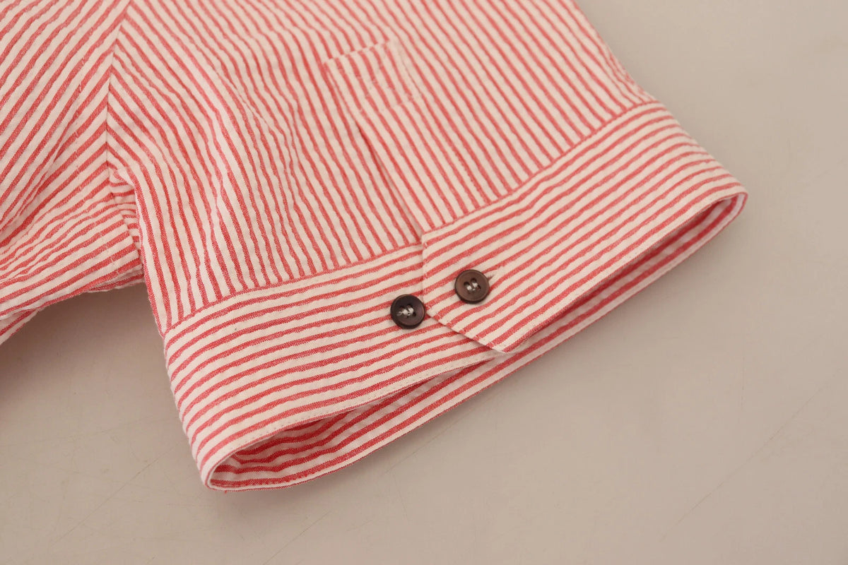 Dolce & Gabbana 9 To 5 Men's Regular Fit Short-Sleeve Stretch Cotton Shirt - Red White Patterned Striped