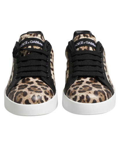 Dolce & Gabbana Women's Low Top Polyester Calf & Goat Leather Sneakers - Brown Natural Leopard Print Signature Print