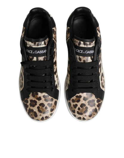Dolce & Gabbana Women's Low Top Polyester Calf & Goat Leather Sneakers - Brown Natural Leopard Print Signature Print