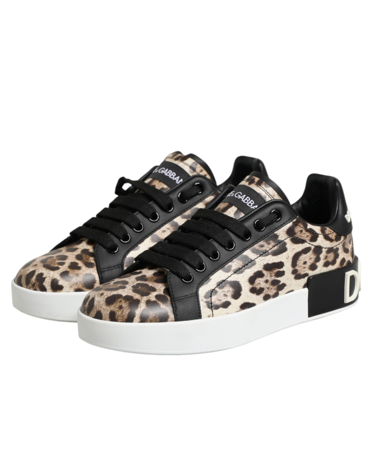 Dolce & Gabbana Women's Low Top Polyester Calf & Goat Leather Sneakers - Brown Natural Leopard Print Signature Print