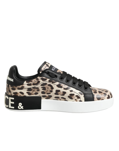 Dolce & Gabbana Women's Low Top Polyester Calf & Goat Leather Sneakers - Brown Natural Leopard Print Signature Print