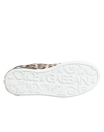 Dolce & Gabbana Women's Low Top Polyester Calf & Goat Leather Sneakers - Brown Natural Leopard Print Signature Print