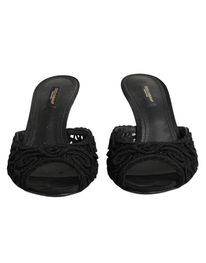 Dolce & Gabbana Women's Polyester Viscose Goat Leather & Cotton Mules Sliders Flat Shoes - Black Signature