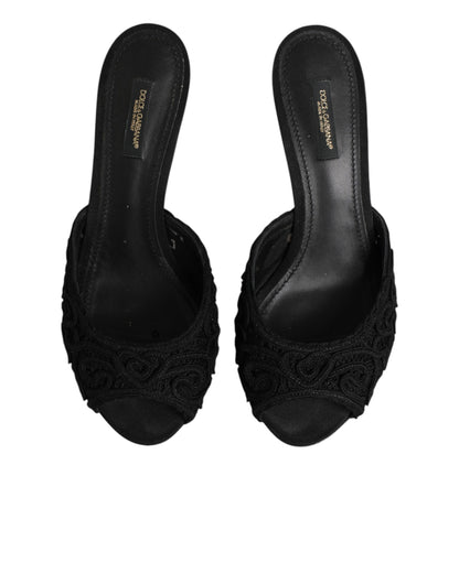 Dolce & Gabbana Women's Polyester Viscose Goat Leather & Cotton Mules Sliders Flat Shoes - Black Signature